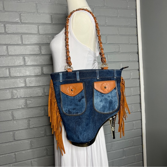 Handbags - Denim & Fringe Stiletto Heel with Rhinestones Women's Handbag